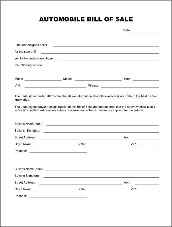 Word Document Bill Of Sale Form