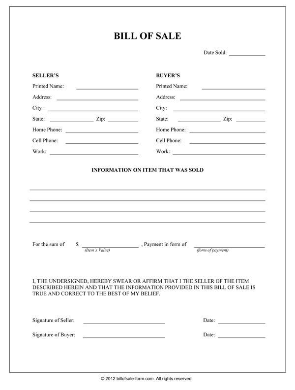 General Bill Of Sale Form