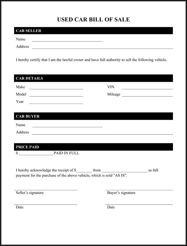 Bill Of Sale For A Car Free Printable Documents