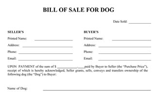 Dog bill of sale form