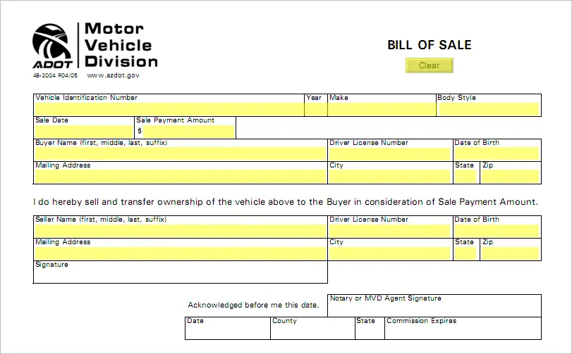 Printable Vehicle Bill Of Sale Arizona 2023 Calendar Printable