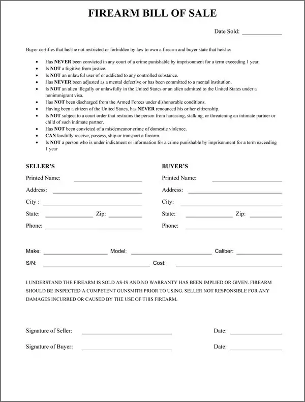 Firearm Bill Of Sale Form