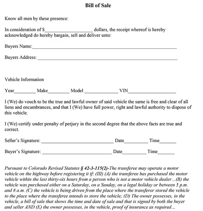 Colorado Bill Of Sale Form